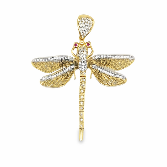 14K Yellow Gold Dragonfly Pendant with White and Pink Sapphire