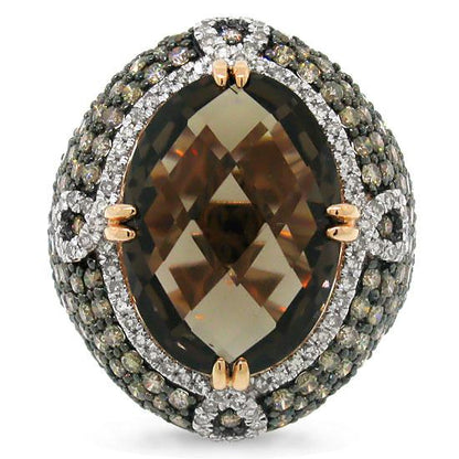 White & Champagne Diamond & 11.60ct Smokey Topaz 14k Rose Gold Ring - 3.25ct