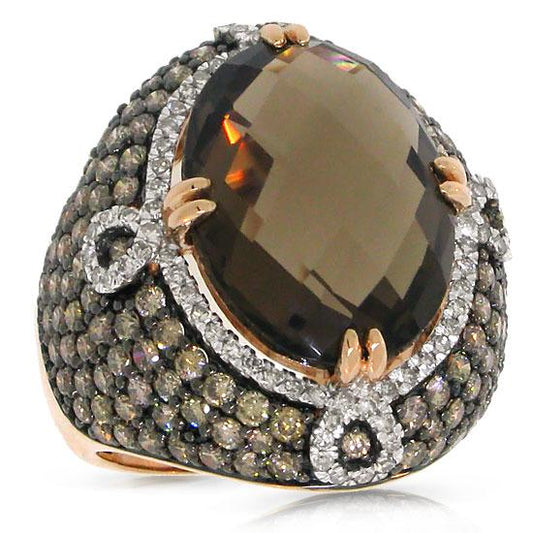 White & Champagne Diamond & 11.60ct Smokey Topaz 14k Rose Gold Ring - 3.25ct