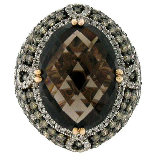 White & Champagne Diamond & 11.60ct Smokey Topaz 14k Rose Gold Ring Sz 10 - 3.25ct