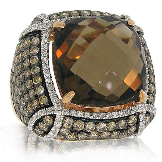 White & Champagne Diamond & 14.56ct Smokey Topaz 14k Rose Gold Ring - 3.51ct