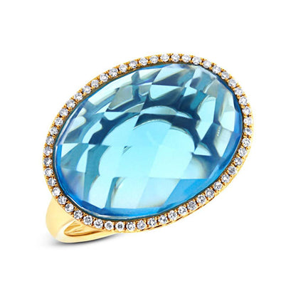 Diamond & 12.39ct Blue Topaz 14k Yellow Gold Ring - 0.17ct