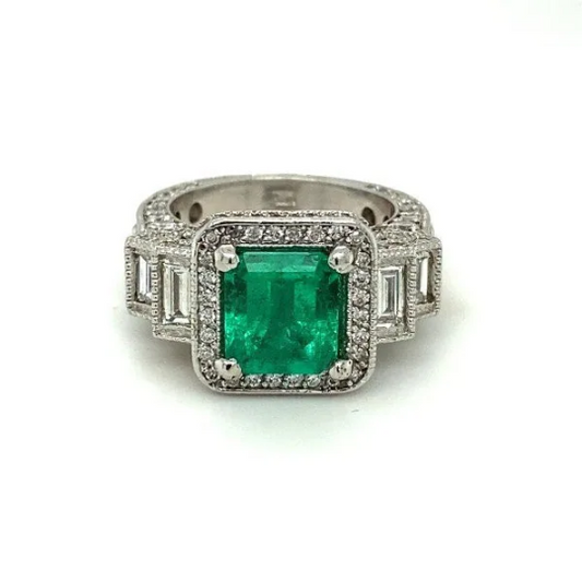 White Gold Emerald Natural Diamonds Halo Ring Brilliant Cushion Shape