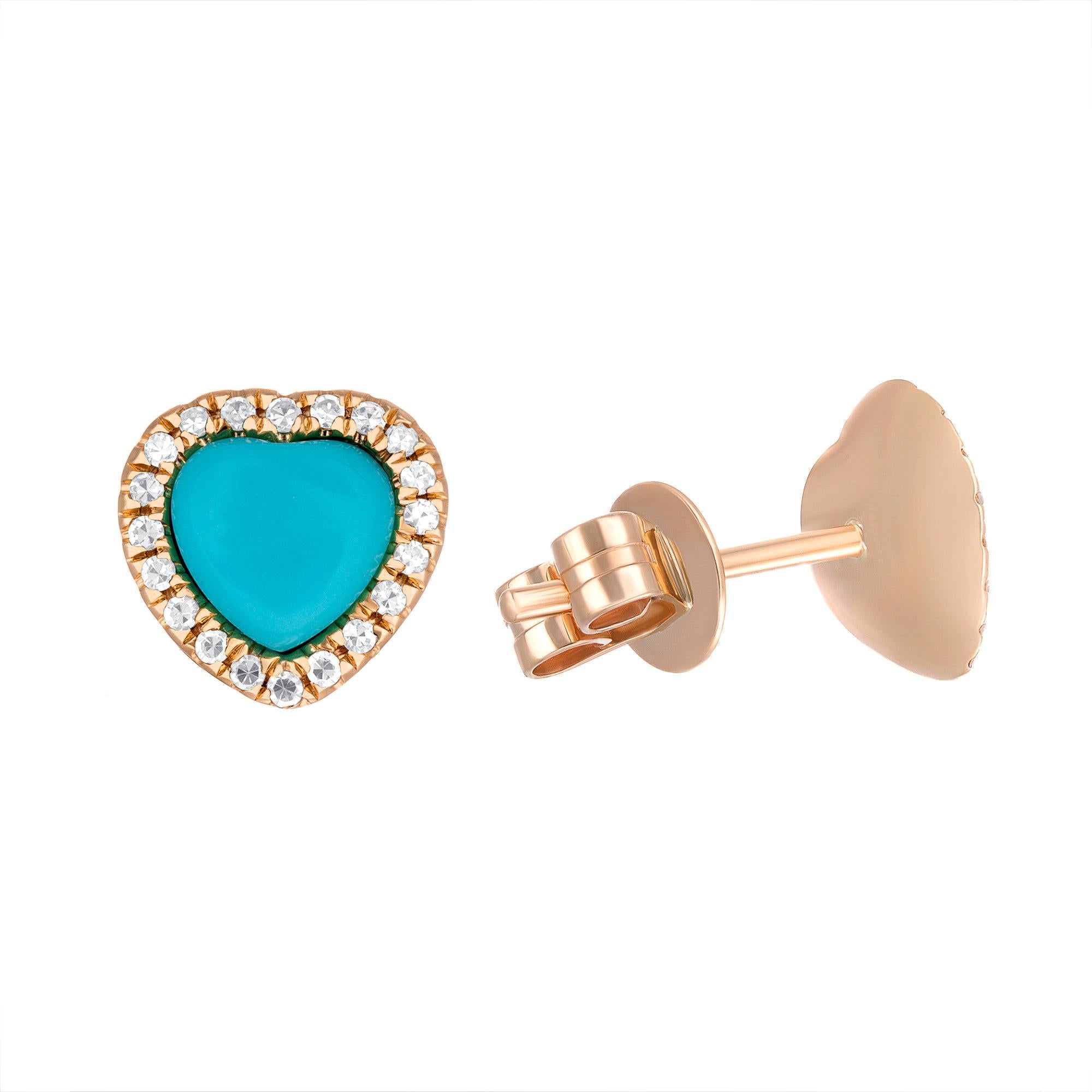 Solid 14K Yellow hot Gold Dangle Heart Blue Turquoise Earrings