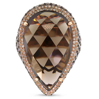 White & Champagne Diamond & 27.13ct Smokey Topaz 14k Rose Gold Ring - 4.18ct