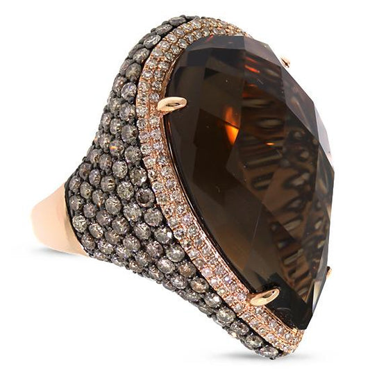 White & Champagne Diamond & 27.13ct Smokey Topaz 14k Rose Gold Ring - 4.18ct