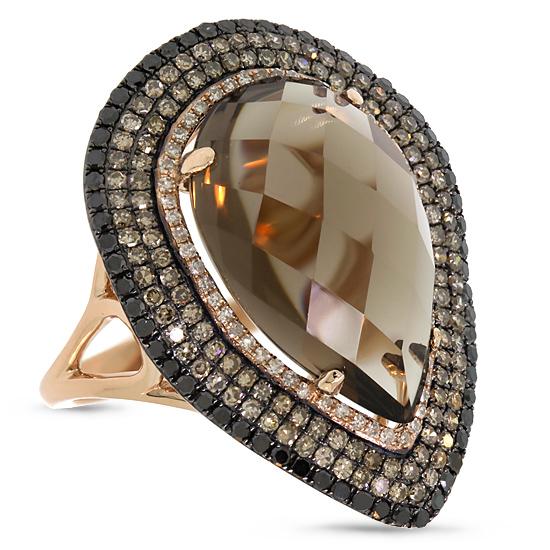 White, Champagne & Black Diamond & 11.70ct Smokey Topaz 14k Rose Gold Ring - 1.32ct