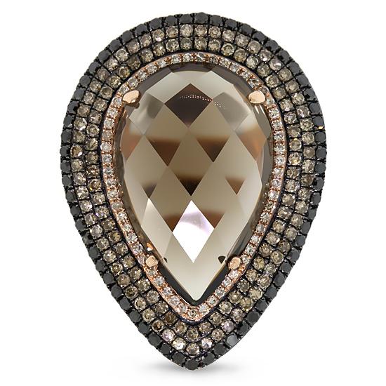 White, Champagne & Black Diamond & 11.70ct Smokey Topaz 14k Rose Gold Ring - 1.32ct