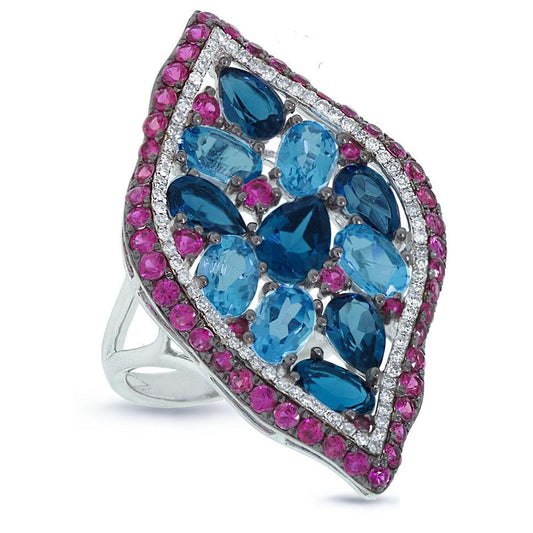 Diamond & 7.71ct Blue & London Blue Topaz & Pink Sapphire 14k White Gold Ring - 0.30ct