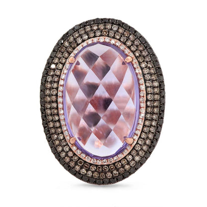 White, Champagne & Black Diamond & 11.21ct Amethyst 14k Rose Gold Ring - 1.32ct