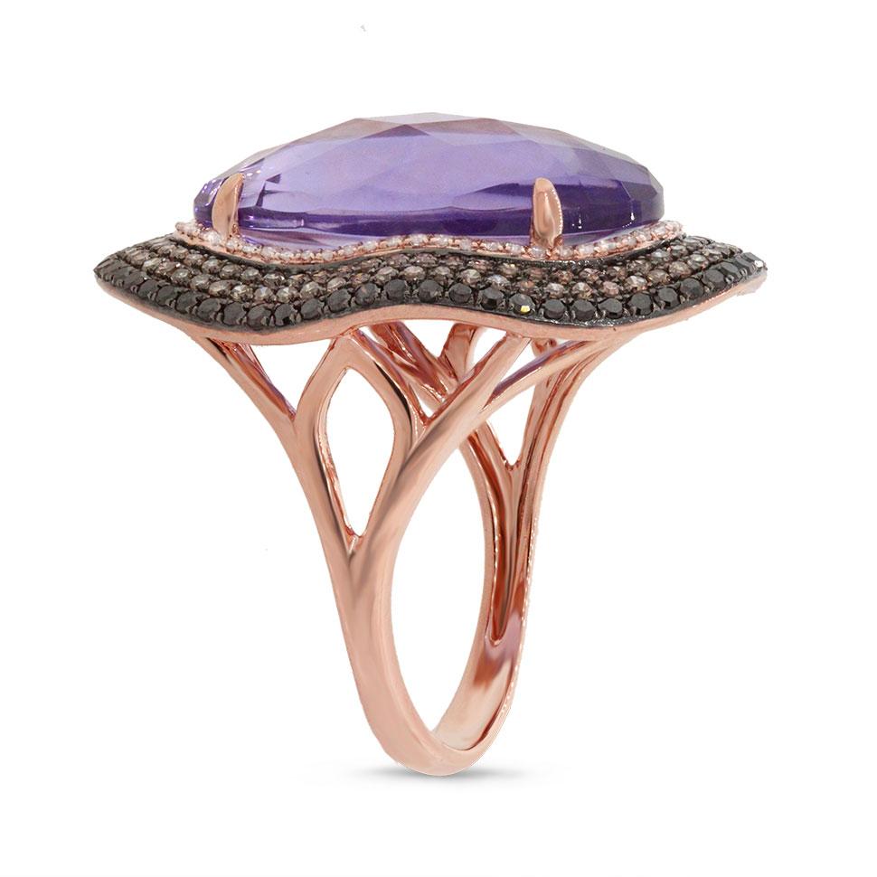 White, Champagne & Black Diamond & 11.21ct Amethyst 14k Rose Gold Ring - 1.32ct