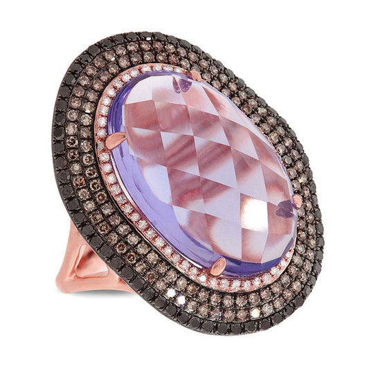 White, Champagne & Black Diamond & 11.21ct Amethyst 14k Rose Gold Ring - 1.32ct