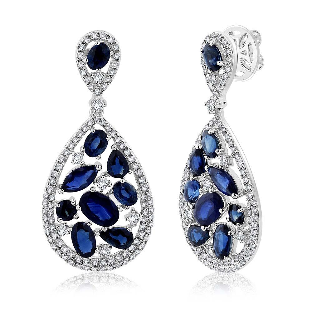 Diamond & 5.34ct Blue Sapphire 14k White Gold Earring - 1.09ct