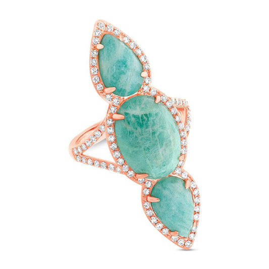 Diamond & 9.45ct Amazonite 14k Rose Gold Ring - 0.56ct