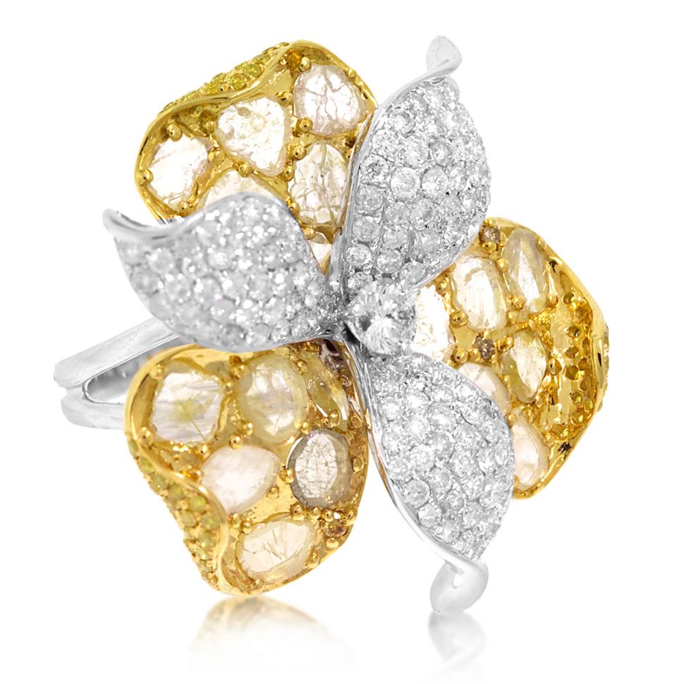 18k Two-tone Gold White & Fancy Color Diamond Flower Ring - 4.26ct