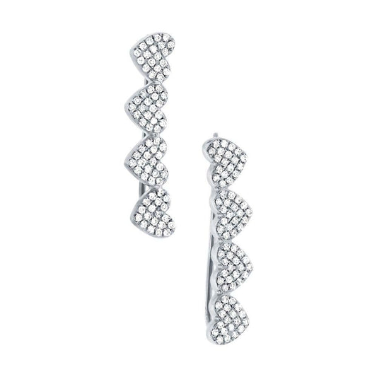 14k White Gold Diamond Pave Hearts Ear Crawler Earring