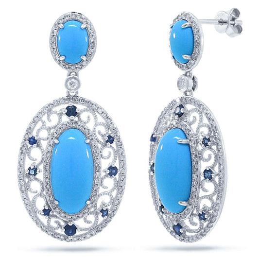 Diamond & 7.23ct Composite Turquoise & 0.48ct Blue Sapphire 14k White Gold Earring - 0.96ct