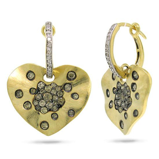 14k Yellow Gold White & Champagne Diamond Heart Earring - 1.17ct