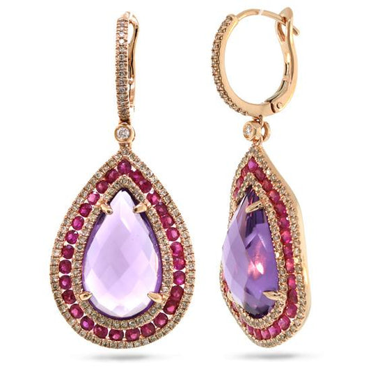 Diamond & 15.62ct Amethyst & Pink Sapphire 14k Rose Gold Earring - 0.99ct