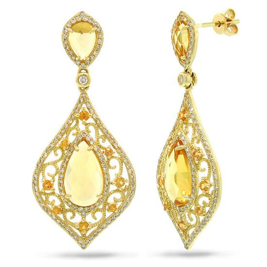 Diamond & 5.62ct Citrine & 0.46ct Yellow Sapphire 14k Yellow Gold Earring - 0.96ct