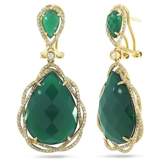 Diamond & 24.96ct Green Agate 14k Yellow Gold Earring - 0.93ct