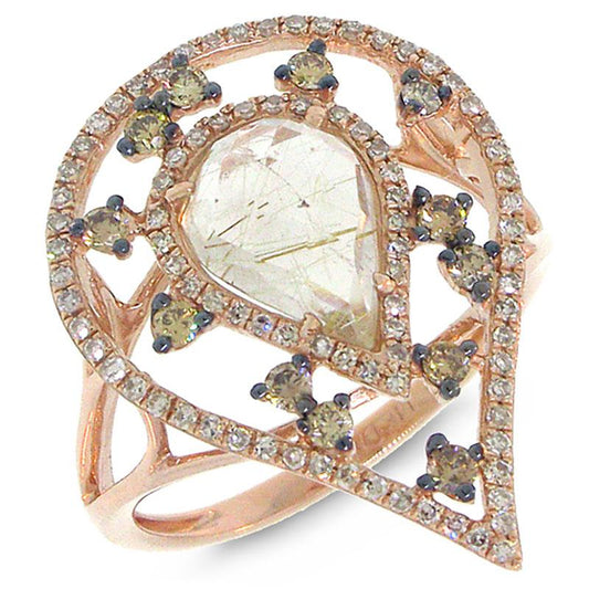 White & Champagne Diamond & 1.55ct Golden Line Quartz 14k Rose Gold Ring - 0.47ct