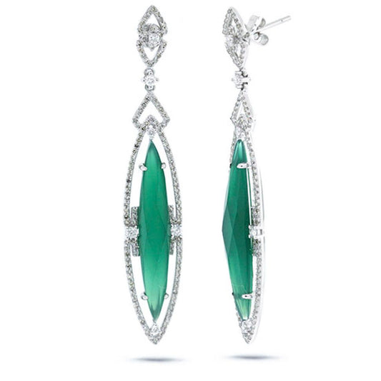 Diamond & 7.49ct Green Agate 14k White Gold Earring - 1.02ct