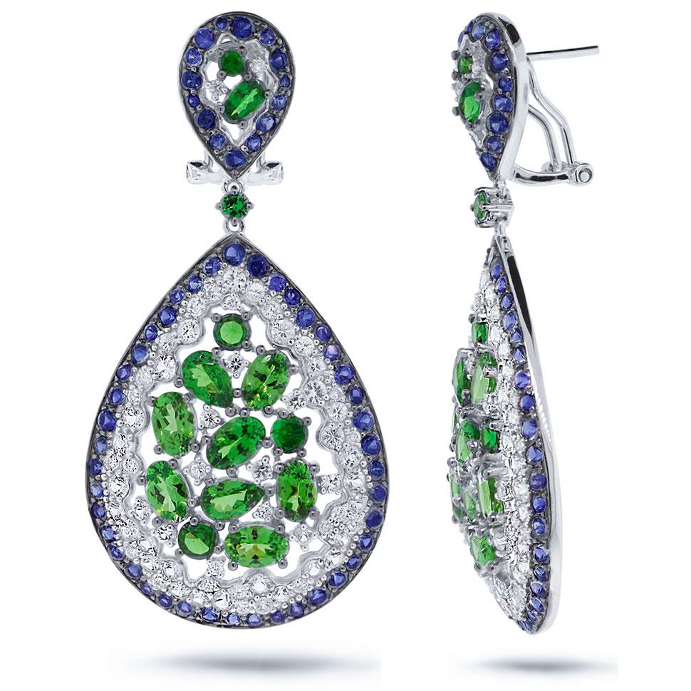 Diamond & 18.23ct White & Blue Sapphire & Green Garnet 14k White Gold Earring - 0.67ct