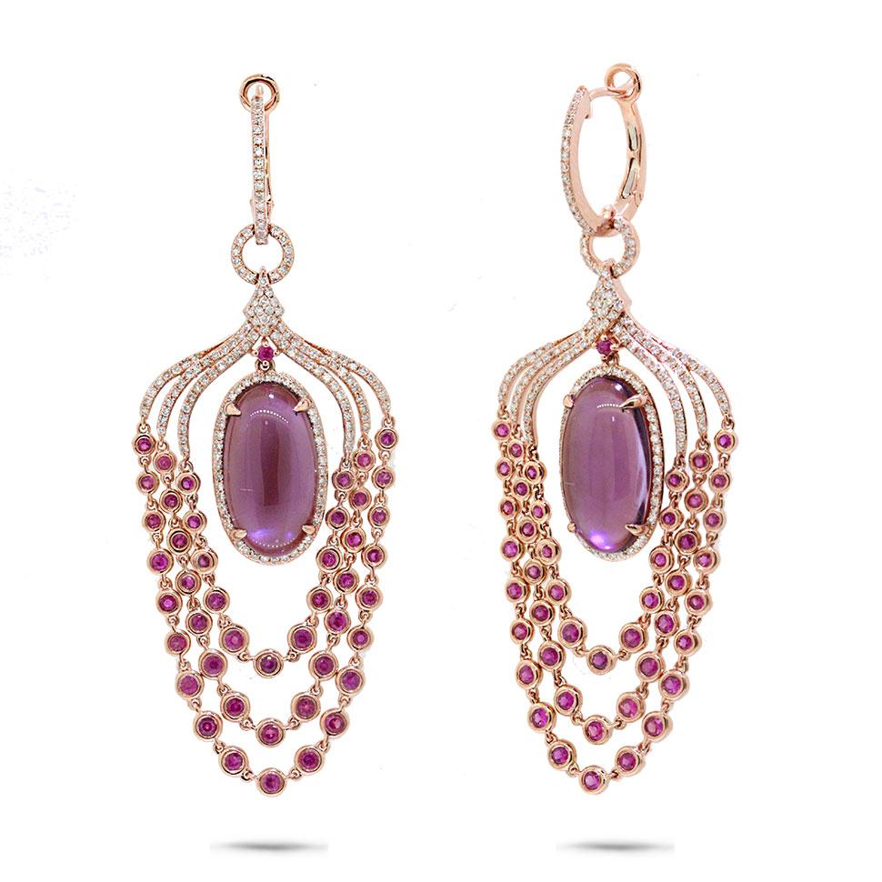 Diamond & 14.91ct Amethyst, Pink Sapphire & Pink Pearl 14k Rose Gold Earring - 1.09ct