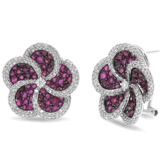 Diamond & 2.64ct Ruby 14k White Gold Flower Earring - 1.04ct