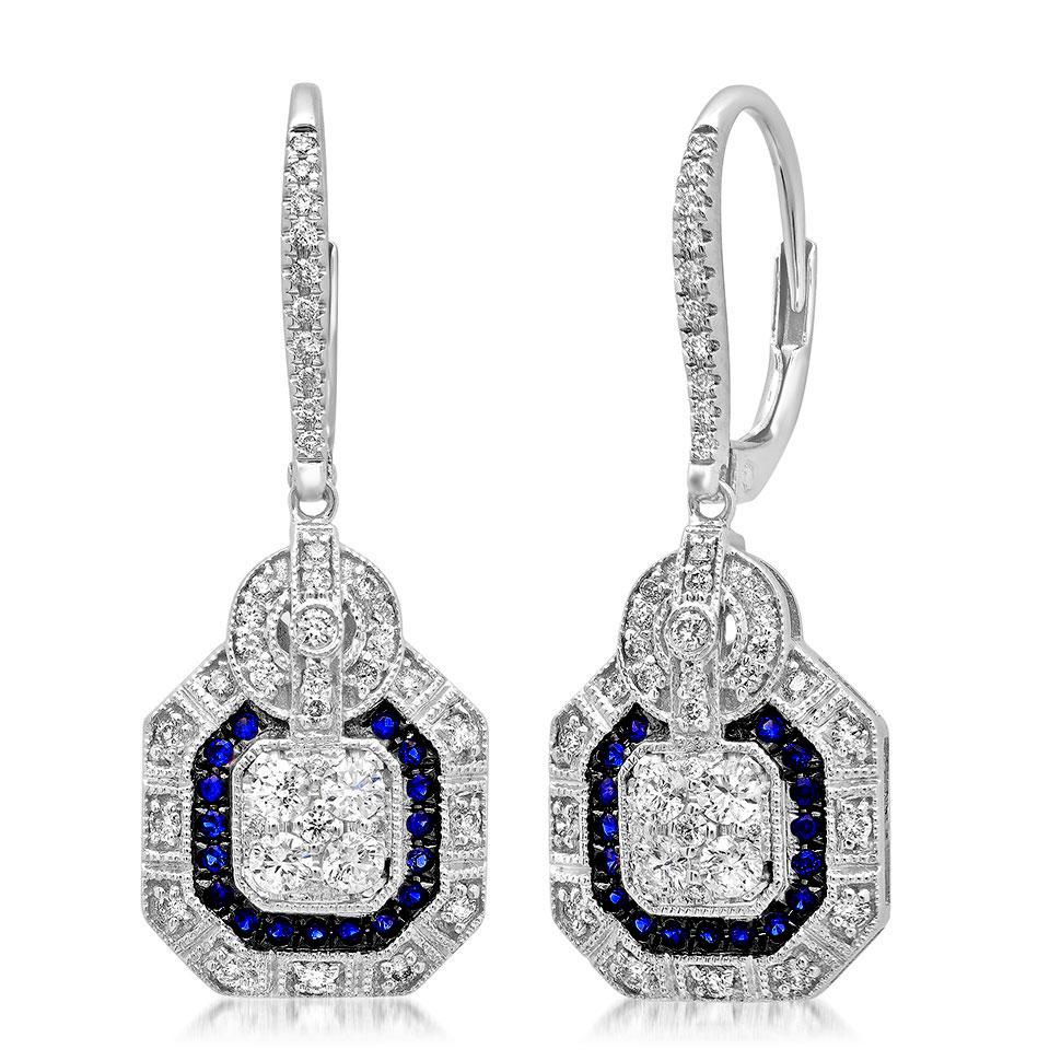 Diamond & 0.22ct Blue Sapphire 14k White Gold Earring - 0.72ct