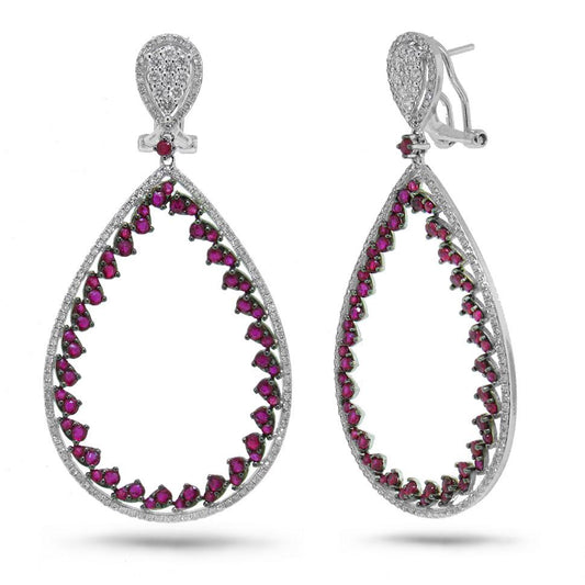 Diamond & 3.40ct Ruby 14k White Gold Earring - 1.46ct