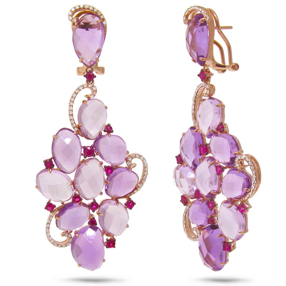 Diamond & 38.48ct Amethyst & Pink Sapphire 14k Rose Gold Earring - 0.49ct