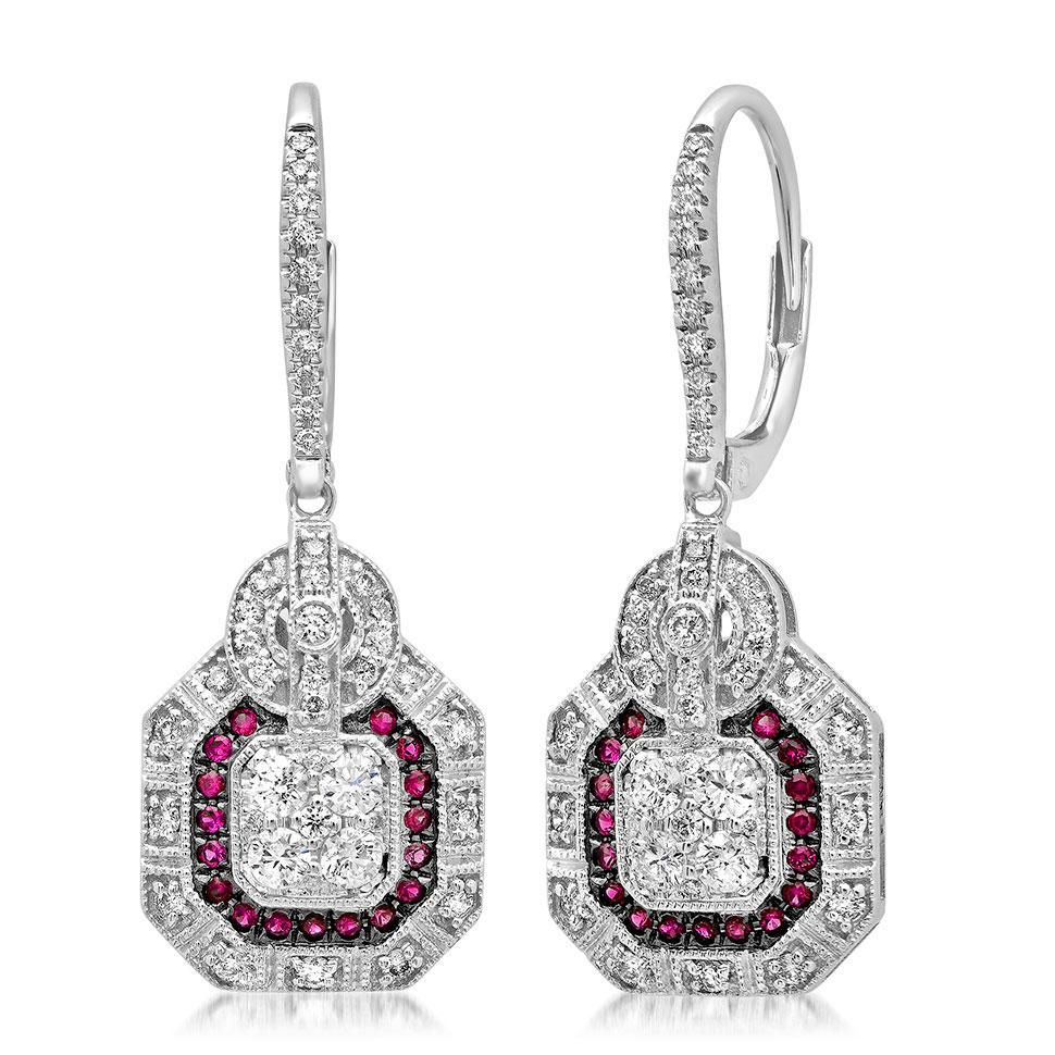 Diamond & 0.19ct Ruby 14k White Gold Earring - 0.72ct