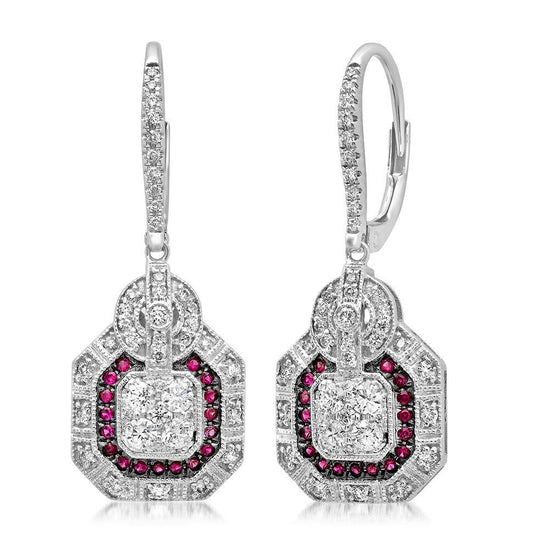 Diamond & 0.19ct Ruby 14k White Gold Earring - 0.72ct