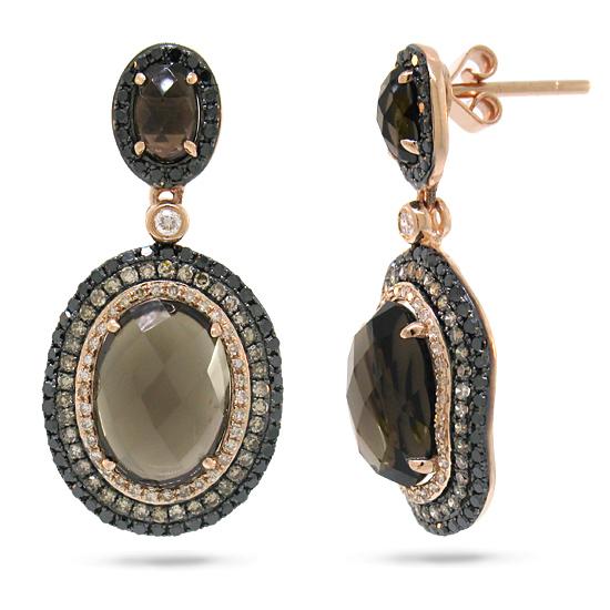 White, Champagne & Black Diamond & 6.47ct Smokey Topaz 14k Rose Gold Earring - 1.09ct