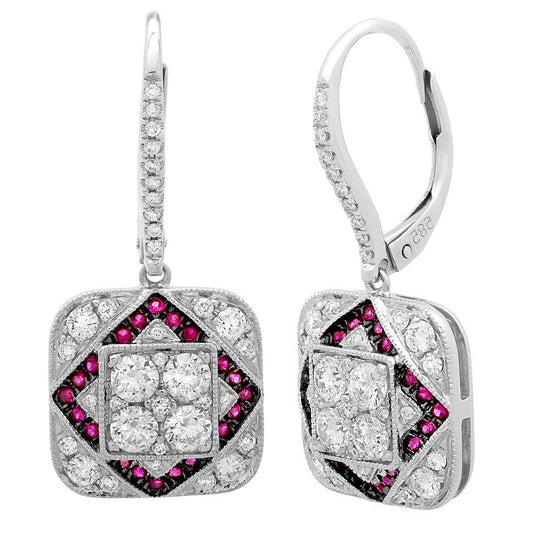 Diamond & 0.22ct Ruby 14k White Gold Earring - 1.11ct