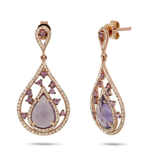 Diamond & 3.54ct Amethyst & Pink Sapphire 14k Rose Gold Earring - 0.60ct