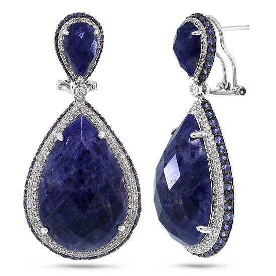 Diamond & 37.56ct Sodalite & Blue Sapphire 14k White Gold Earring - 1.15ct