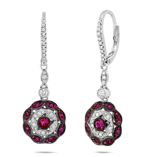 Diamond & 0.57ct Ruby 14k White Gold Earring - 0.29ct