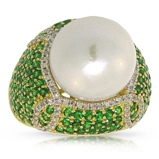 Diamond & 3.84ct Green Garnet 18k Yellow Gold Pearl Ring - 0.41ct