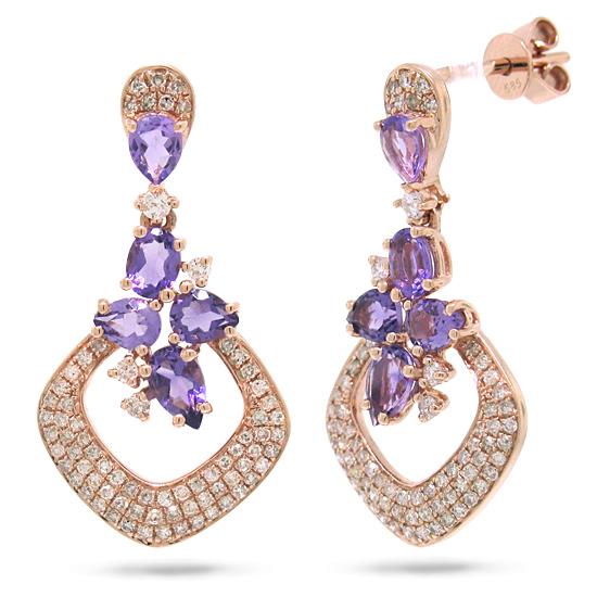 Diamond & 1.58ct Amethyst 14k Rose Gold Earring - 0.53ct