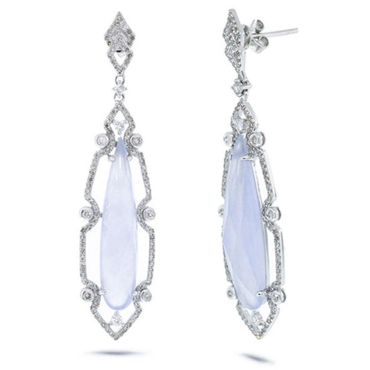 Diamond & 9.92ct Blue Chalcedony 14k White Gold Earring - 0.90ct