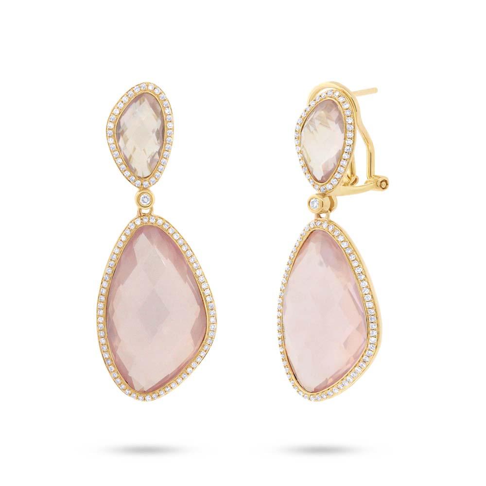 Diamond & 29.07ct Rose Quartz 14k Yellow Gold Earring - 0.62ct