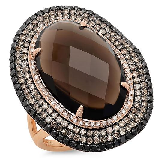 White, Champagne & Black Diamond & 12.05ct Smokey Topaz 14k Rose Gold Ring - 1.32ct