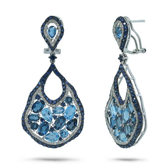 Diamond & 14.24ct Blue Sapphire & Blue Topaz & London Blue Topaz 14k White Gold Earring - 0.79ct