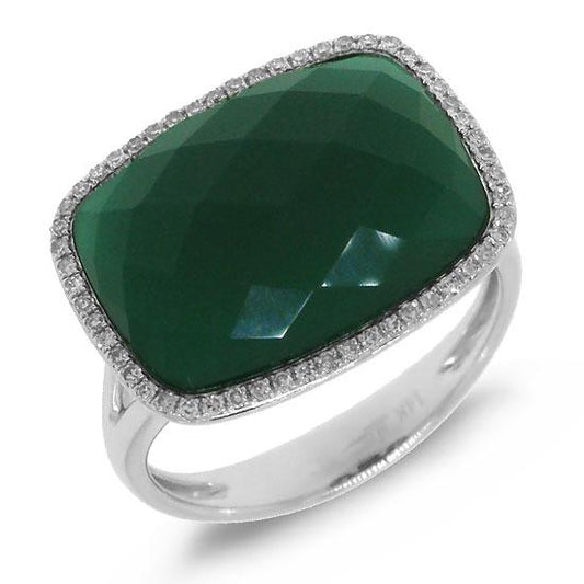 Diamond & 8.27ct Green Agate 14k White Gold Ring - 0.17ct