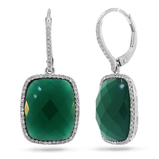 Diamond & 12.54ct Green Agate 14k White Gold Earring - 0.37ct