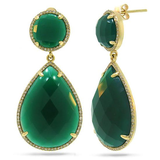 Diamond & 38.35ct Green Agate 14k Yellow Gold Earring - 0.65ct