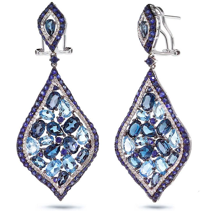 Diamond & 18.91ct Blue & London Blue Topaz & Blue Sapphire 14k White Gold Earring - 0.80ct